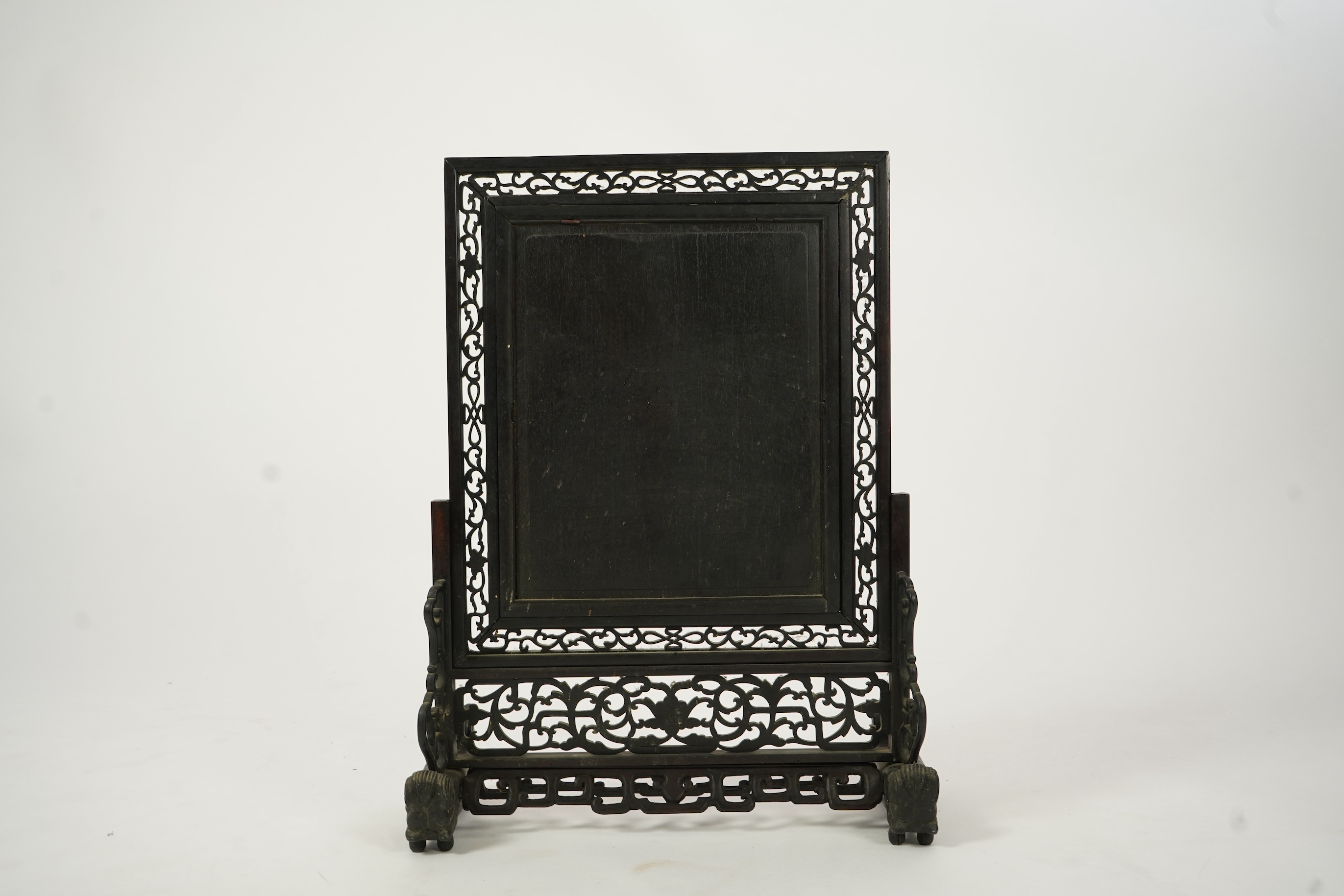 A Chinese ’Hundred bird’ embroidered silk table screen and hongmu stand, late 19th/early 20th century